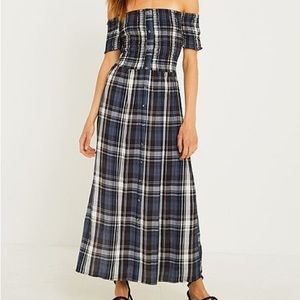 Urban outfitters blue plaid off the shoulder maxi dress